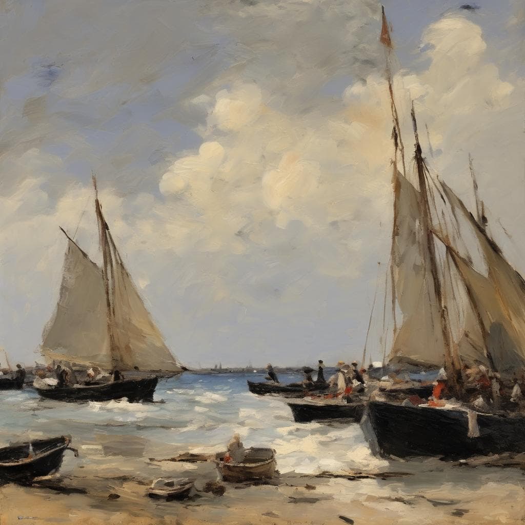 Παράσταση σκαφών και γλάρων σε παραλία, έργο τοπικής θαλάσσιας τέχνης, Έκφραση γυναικών δημιουργών στην τέχνη, ζωγραφική με θέμα το ναυτικό περιβάλλον.