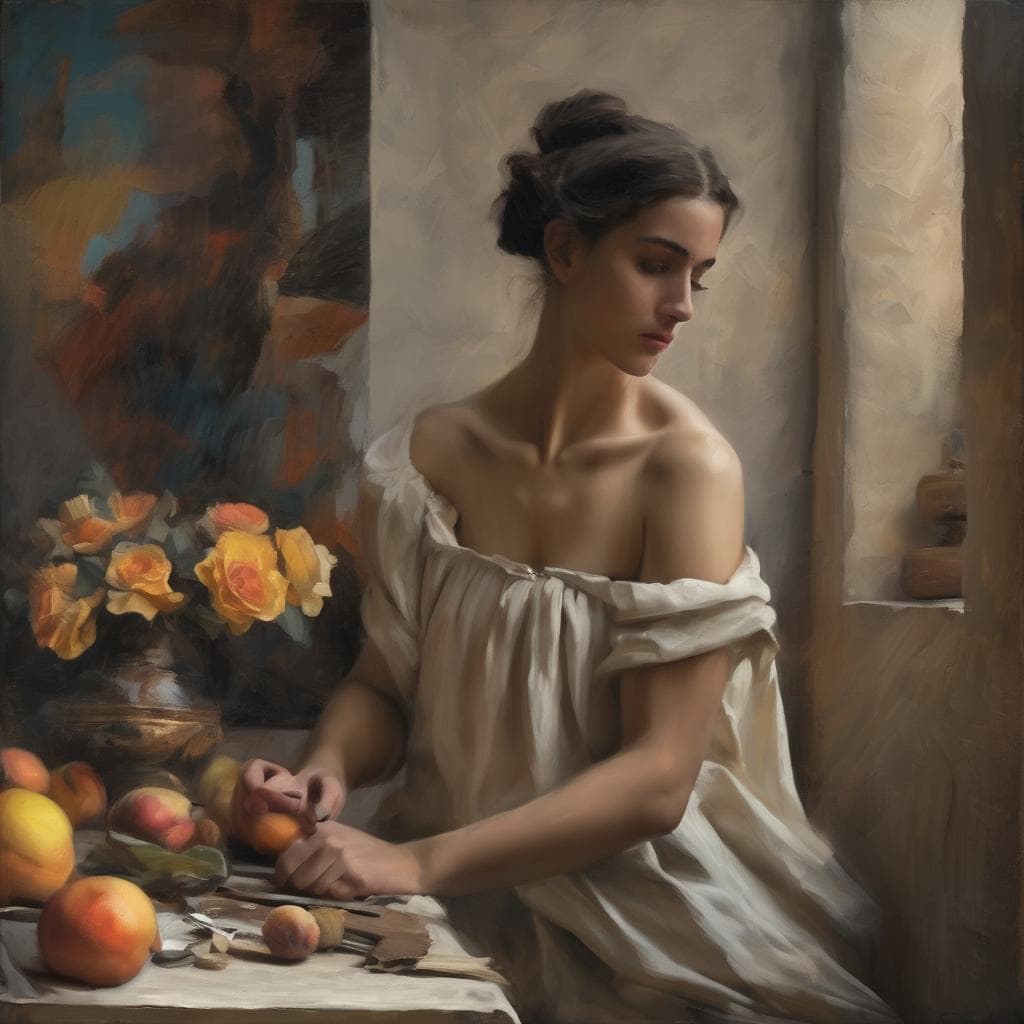 Φωτογραφία γυναίκας δημιουργού τέχνης σε ρεαλιστικό ύφος, σε στούντιο με φρούτα και άνθη, πορτρέτο στα χαρακτηριστικά και εκφραστικό.