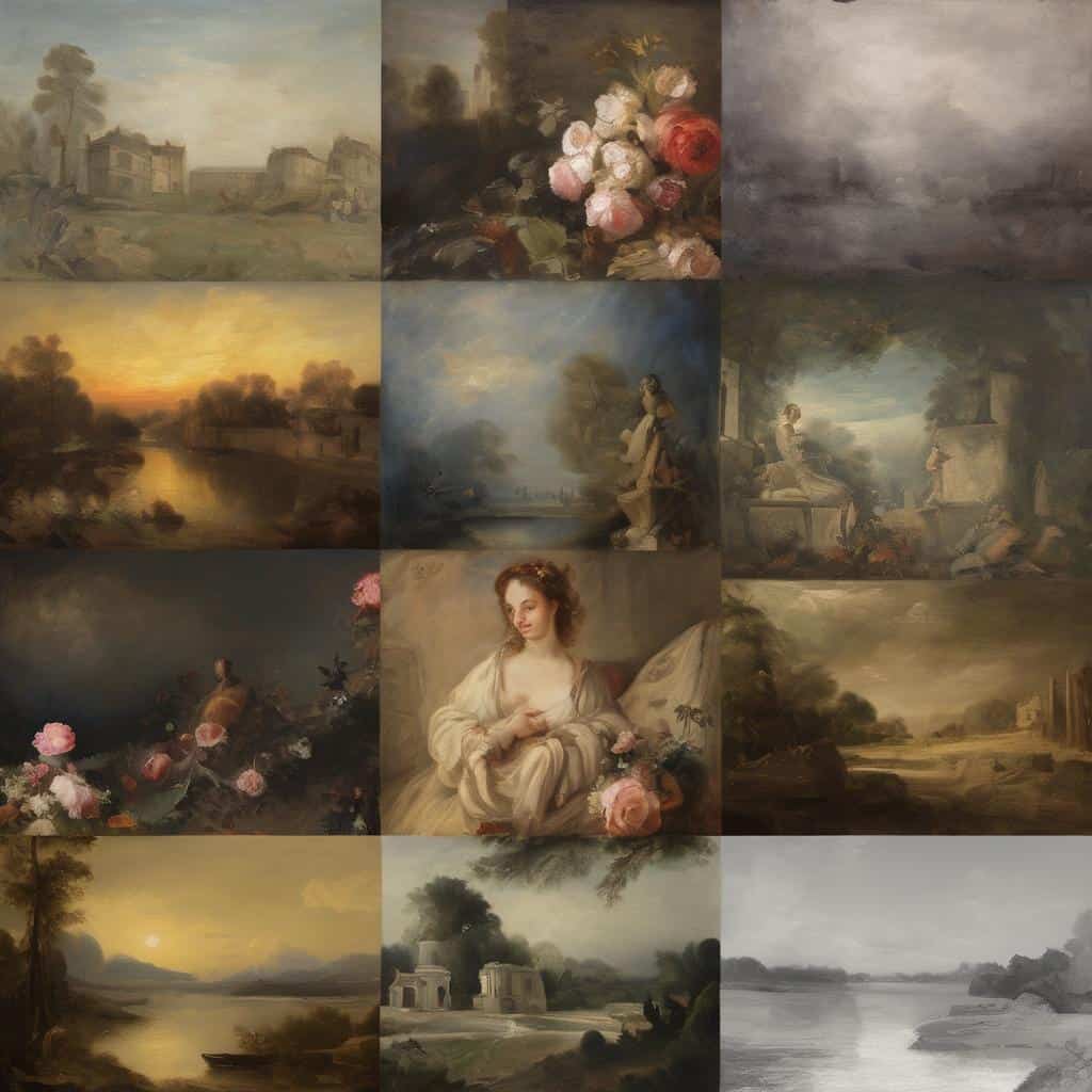 Παραστάσεις γυναικών δημιουργών στην τέχνη, ανθογραφίες και τοπία σε ρομαντικό στυλ.