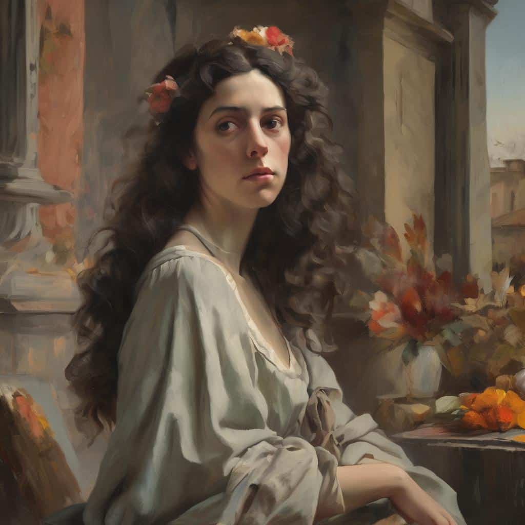 Όμορφη γυναικεία μορφή με δημιουργική ιστορία στην τέχνη, άγραφος καλλιτέχνης, μέσα από πορτραίτο με ζωηρά χρώματα και φυσικό φως.